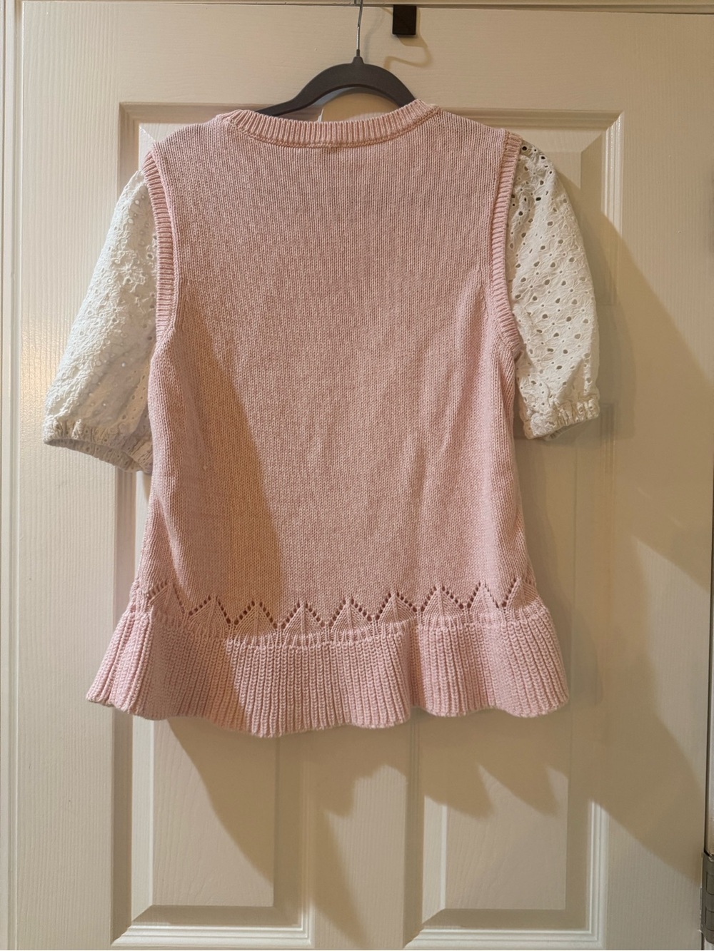crown & ivy women’s Pink Knit Sweater with Eyelet Puff Sleeves - Picture 2 of 6